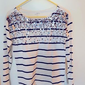LOFT White/Blue Striped long-sleeved tee with sequins, | Size XS